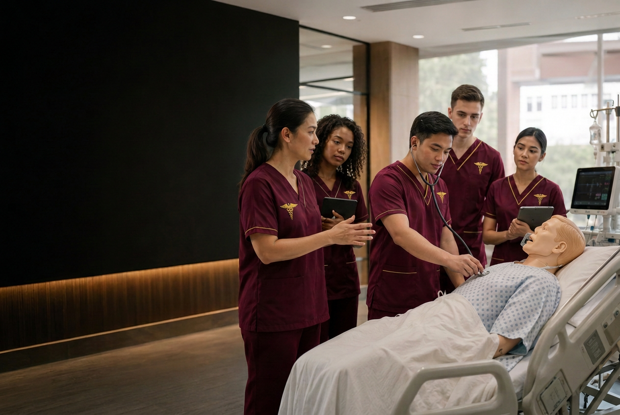 Healthcare learners practicing with a clinical simulation mannequin